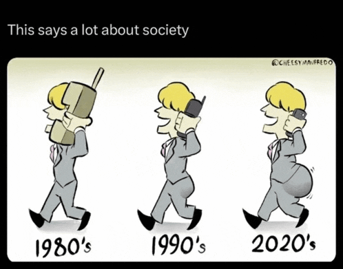 a cartoon shows a man talking on a cell phone from the 1980 's to the 2020 's