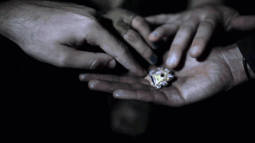 a close up of a person 's hands holding a small object