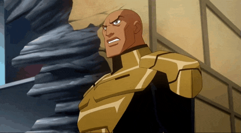 a cartoon character with a bald head wearing a gold suit