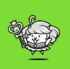 a cartoon cat with a crown on its head is holding a wand on a green background .