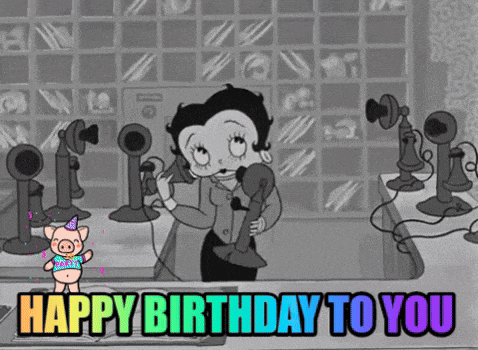a black and white cartoon of betty boop talking on a phone with the words happy birthday to you above her