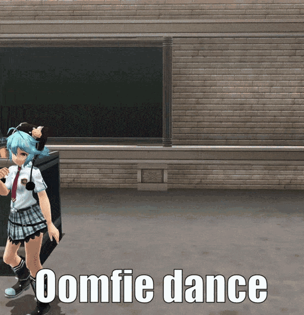 a girl in a school uniform is dancing in front of a brick wall with the words " domfie dance " on the bottom