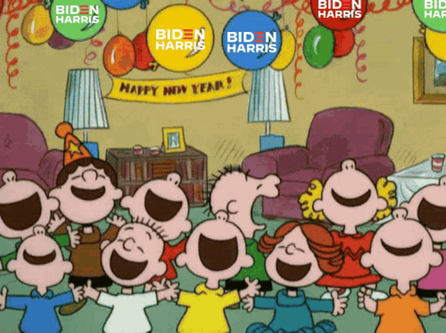 a cartoon of peanuts celebrating new year 's eve with balloons that say biden harris