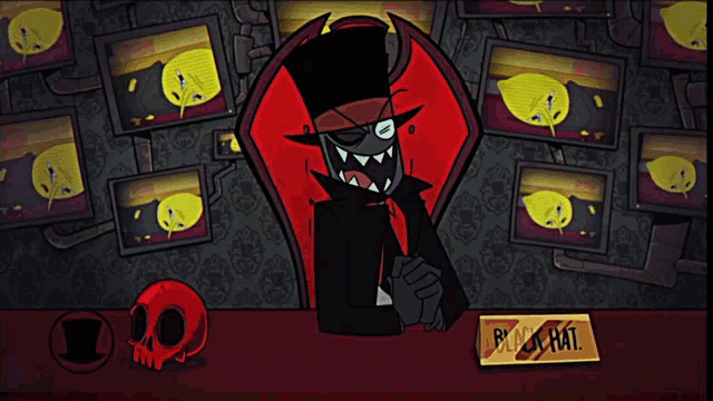 a cartoon character is sitting at a table with a sign that says " black hat "