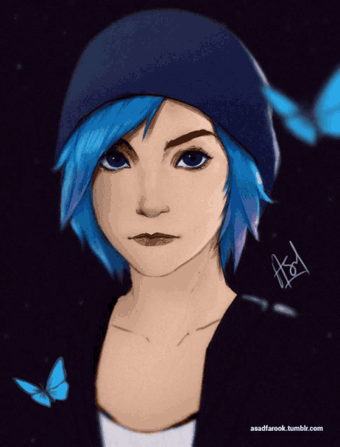 a drawing of a girl with blue hair has a watermark that says asadfarook.tumblr.com