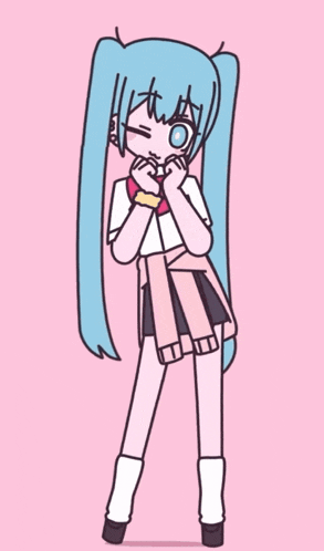 a drawing of a girl with long blue hair and a pink bow tie