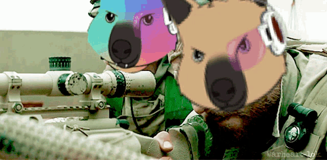 two bears are looking through a sniper scope and the words warheart 10 are on the bottom