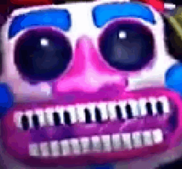 a close up of a cartoon character 's face with purple teeth and blue eyes .