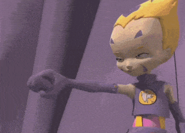a close up of a cartoon character with glowing eyes and arms