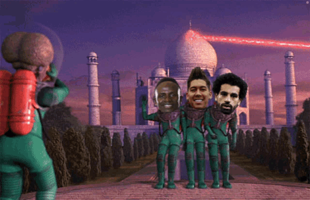 a group of cartoon characters standing in front of a building with their faces on them