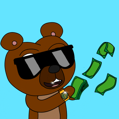 a cartoon bear wearing sunglasses and a watch holds a stack of money