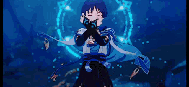 a boy with blue hair is standing in front of a blue background and holding a sword .