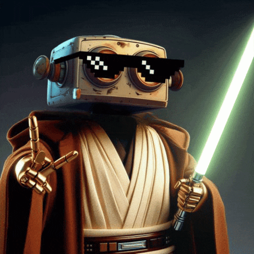 a robot wearing sunglasses and holding a lightsaber