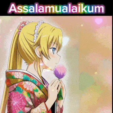 a girl in a kimono is holding a flower with the words assalamualaikum above her