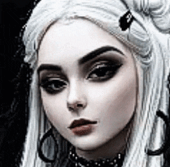 a close up of a woman 's face with long white hair and earrings .