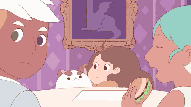 a cartoon of a girl eating a sandwich and a man looking at her
