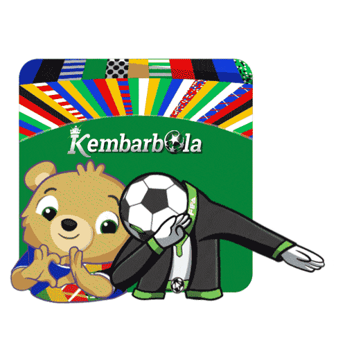 a cartoon of a teddy bear holding a soccer ball with the words kembarbola on the top