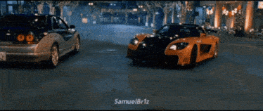 two cars are driving down a street with samuelbrtz in the corner
