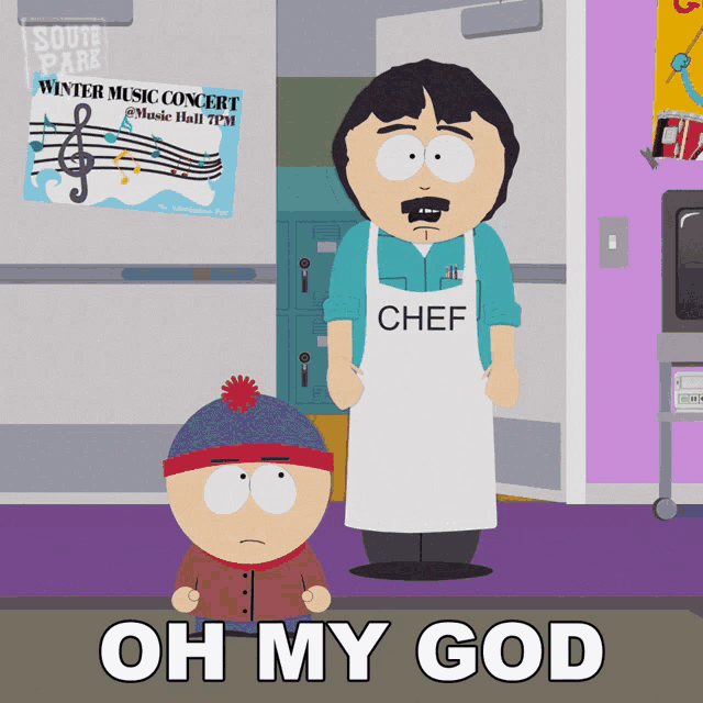 a cartoon character with an apron that says chef is standing next to another character