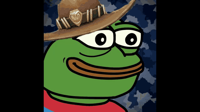 a cartoon frog wearing a brown cowboy hat with a heart on it