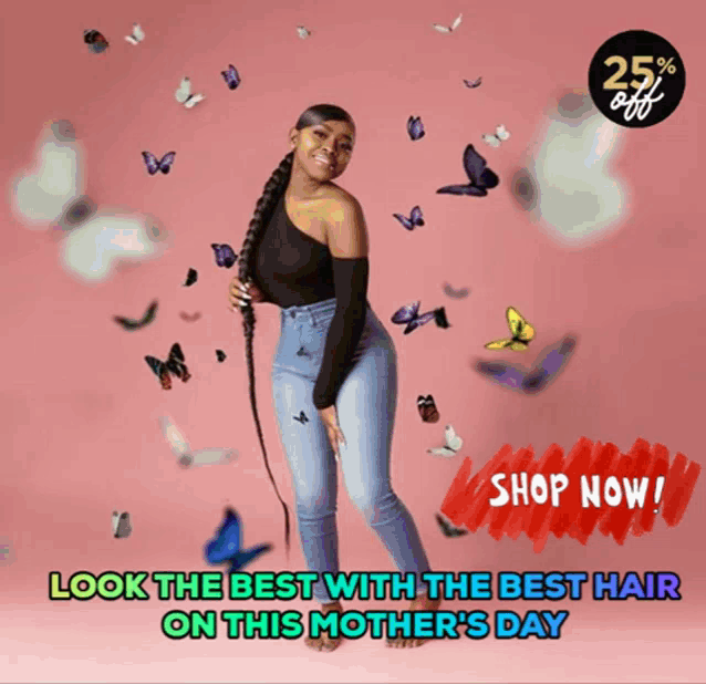 a woman is surrounded by butterflies and the words look the best with the best hair on this mothers day
