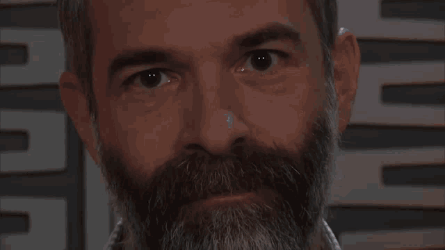 a man with a beard is looking at the camera with his eyes closed .