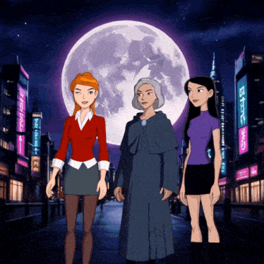 a cartoon of three women standing in front of a full moon with a sign that says ' g ' on it