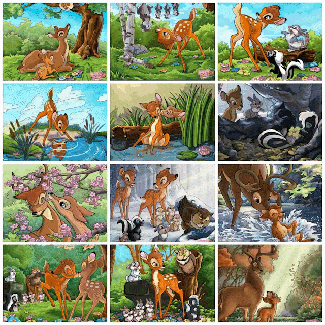 a collection of paintings of a deer called bambi