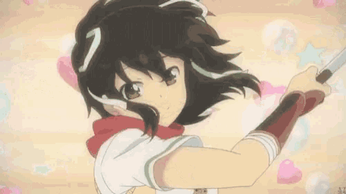 a girl is holding a sword with a number 7 on her head