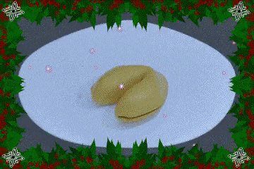 a pixel art of a fortune cookie on a plate with a christmas frame .