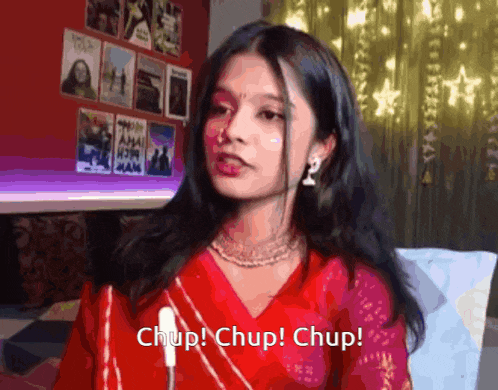 a woman in a red dress says chup
