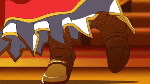 a cartoon drawing of a woman 's legs with a red and blue dress and brown boots