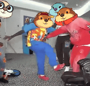 a group of cartoon characters are dancing in a room including a squirrel wearing glasses