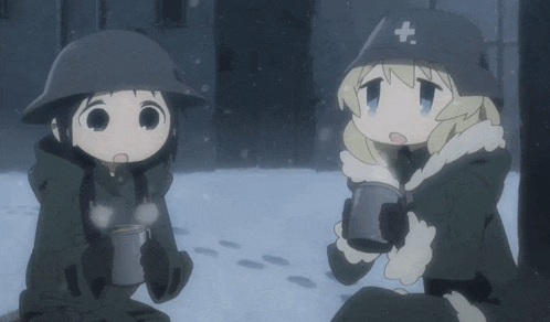 two anime characters are sitting in the snow holding mugs