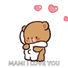 a cartoon of a teddy bear hugging another teddy bear with hearts coming out of their heads .