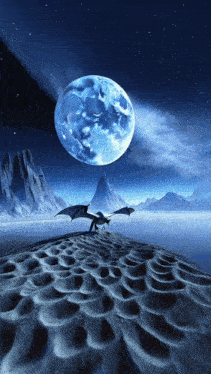 a dragon is flying over a desert with mountains in the background and a full moon in the sky