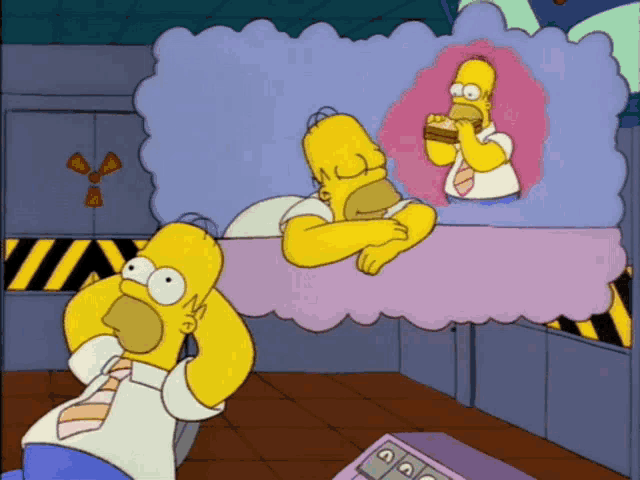 a cartoon of homer simpson thinking about a sandwich
