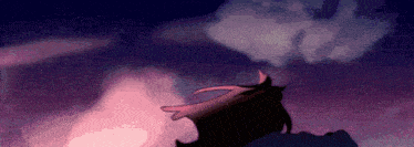a cartoon of a dragon flying through a cloudy sky at night .