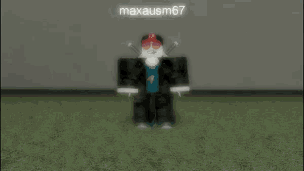 a roblox character wearing sunglasses and a hat is standing in the grass with the name maxausm67 above him .