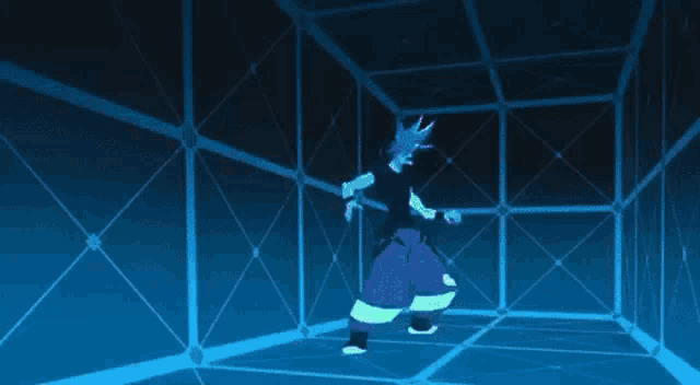a cartoon character is flying through the air in a purple and blue animated scene .