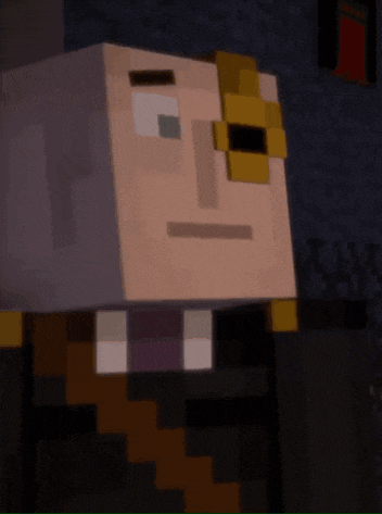 a close up of a minecraft character 's head with a yellow eye