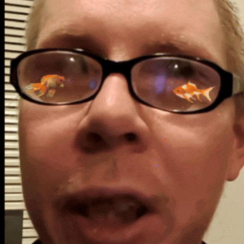 a close up of a man wearing glasses with a goldfish in them