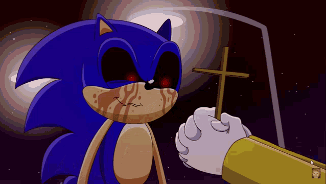 a cartoon of sonic the hedgehog holding a cross in his hand
