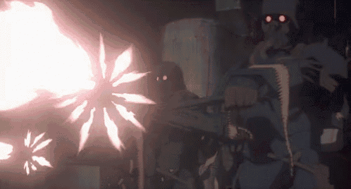 a group of soldiers are holding guns in a dark room and shooting bullets .