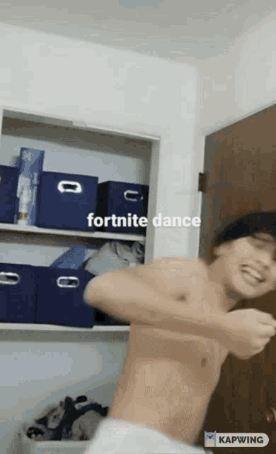 a shirtless man is doing a fortnite dance in front of a closet