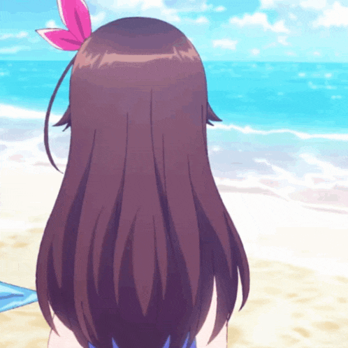 a girl with long brown hair and a pink flower in her hair is standing on the beach