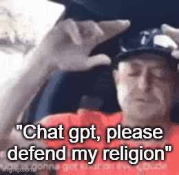 a man is sitting in a car talking on a cell phone and says " chat gpt please defend my religion " .