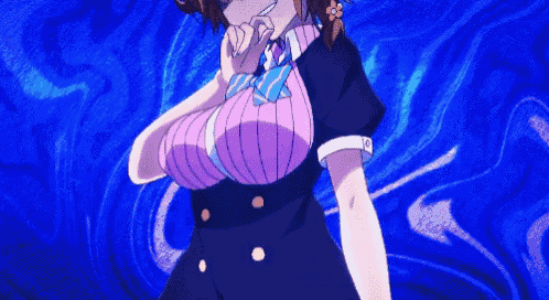 a girl with big breasts is making a funny face on a blue background .
