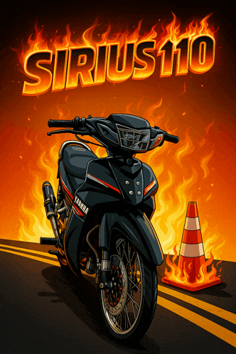 a sirius 110 motorcycle is on the road with flames around it