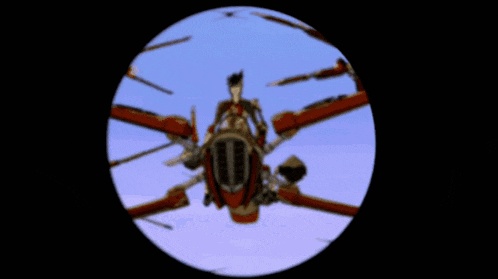 a cartoon of a man riding a motorcycle with a red circle around his head